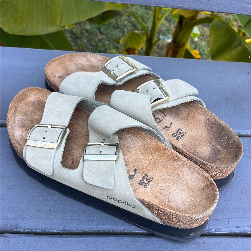 Papillio by Birkenstock Sandals with Gray Greenish Strap and Black Base